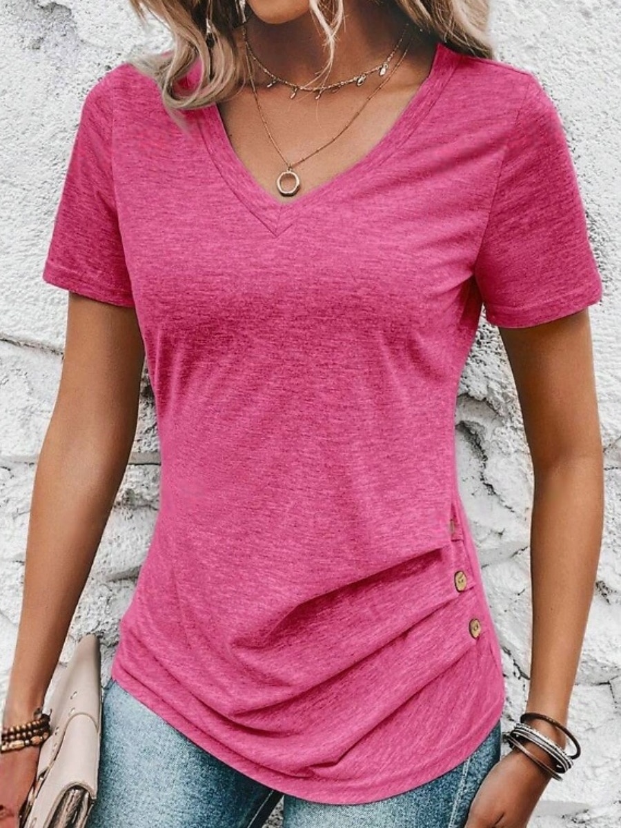 Per donna Maglietta Tinta unica Moda Classico Casual Manica Corta Scollo a V Top Regolari Quotidiano Uscire Weekend Verde militare Rosso Viola Rosa Grigio Estate Primavera del 2026 a $17.49 –P16