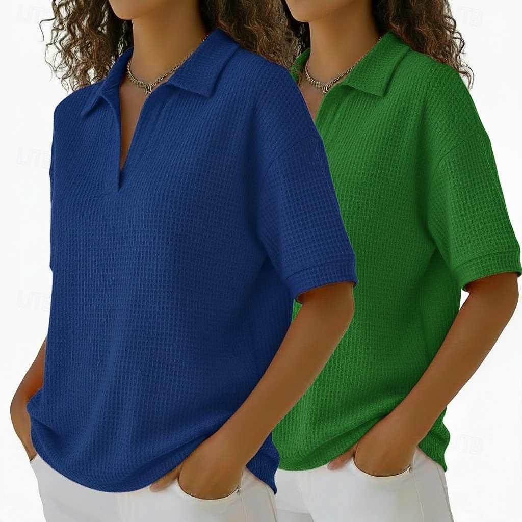Wielopak 2 szt. damskich koszulek z waflowym wzorem, koszulki polo, T-shirty, dzianinowe topy z waflowym wzorem, proste, modne, podstawowe, klasyczne, z krótkim rękawem, z kołnierzykiem, zwykłe topy, codzienne, plażowe, żółte i pomarańczowe 2026 - $41.99 –P2