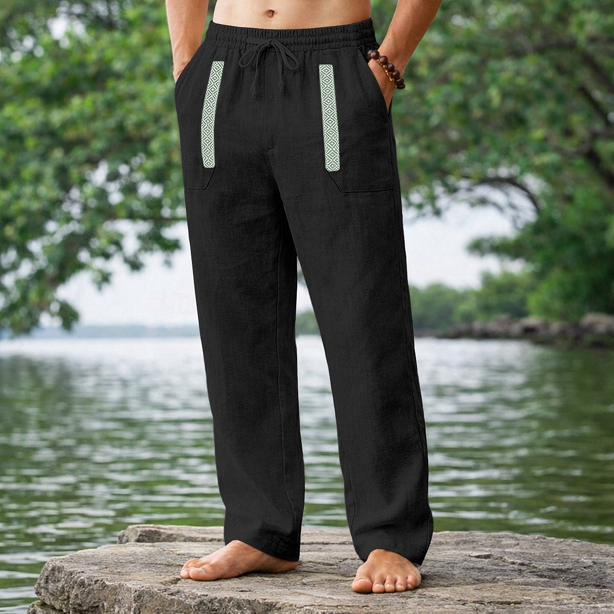 Homens Calças de linho Calça verão Calças de praia Com Cordão Patchwork Perna reta Tecido Conforto Respirável Comprimento total Casual Diário Feriado Férias Moda Preto Branco Sem Elasticidade de 2026 por $24.99 –P7