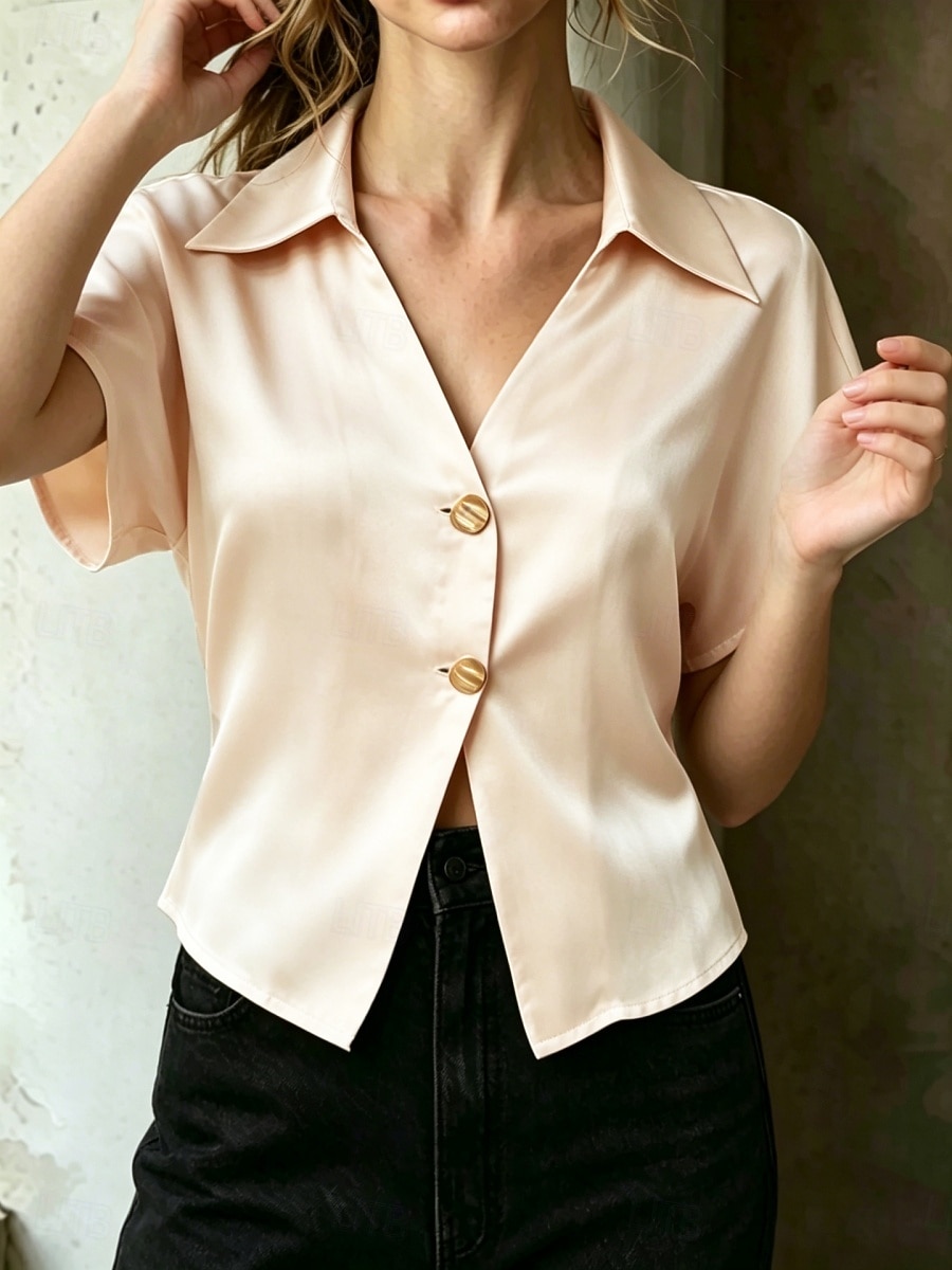 Pentru femei Cămașă din satin Bluză Nasturi Culoare solidă Stilat Casual Manșon scurt Guler Cămașă Crop Tops Casual Zilnic În aer liber Albastru piscină Negru Alb Caisă Vară Primăvară 2026 - $24.99 –P5