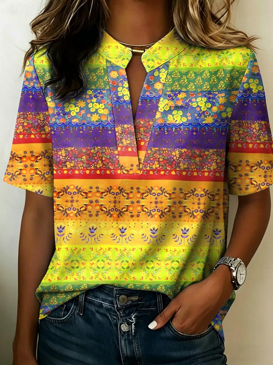 Femmes Chemisier Boutons Imprimé Graphique Géométrique ancien Élégant Moderne Demi Manches Col montant Hauts Réguliers Occasionnel Quotidien Bleu Jaune Violet Orange Été Printemps de 2026 ? $21.99 –P2