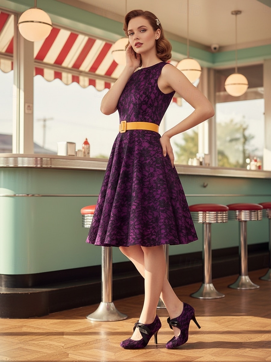 Décolleté vintage anni '50 da donna in pizzo viola scuro - eleganti scarpe con tacco in pizzo floreale viola intenso e fiocco in nastro di raso &cinturini incrociati per balli retrò e serate di gala del 2026 a $59.99 –P1