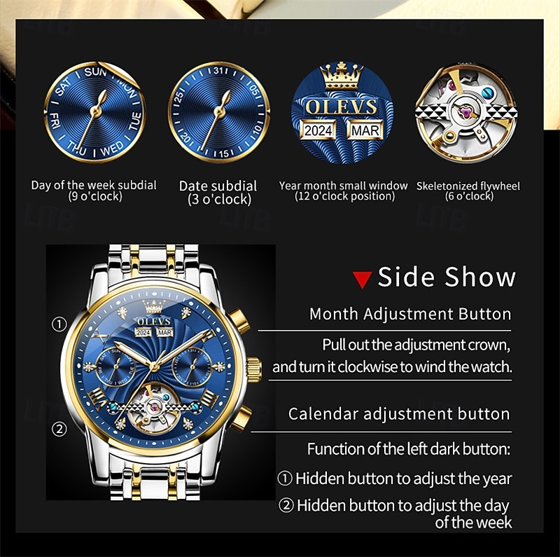 Orologio automatico da uomo Olevs Skeleton, lussuoso orologio da polso da lavoro bicolore in acciaio inossidabile con calendario multifunzione, orologio meccanico analogico luminescente impermeabile, del 2026 a $109.99 –P9