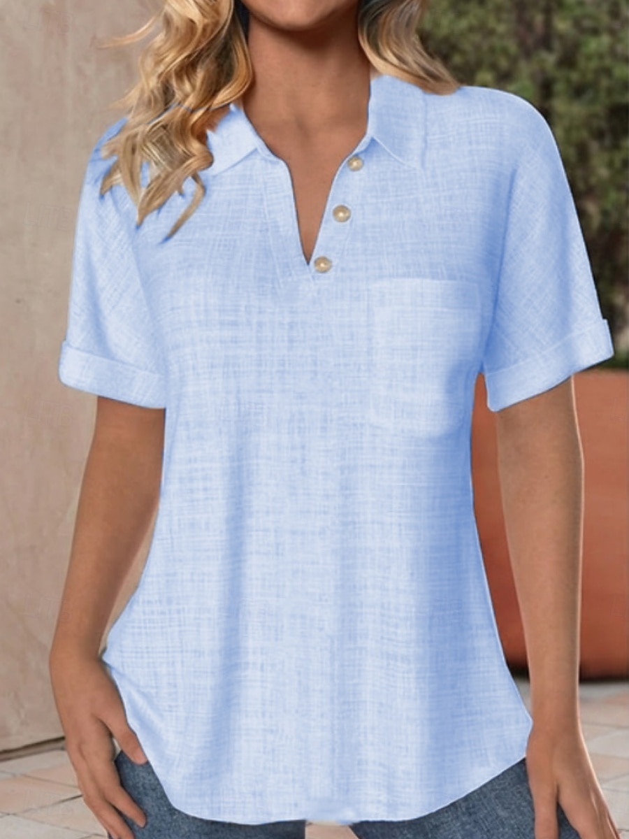 Damen Hemd Baumwoll-Leinen-Hemden Bluse Tasche Knöpfe Einfarbig Stilvoll Klassisch Modern Kurzarm V Ausschnitt Normale Oberteile Täglich Ferien Ausgehen Schwarz Weiß Aprikose Leicht Blau Sommer 2026 - $26.99 –P7