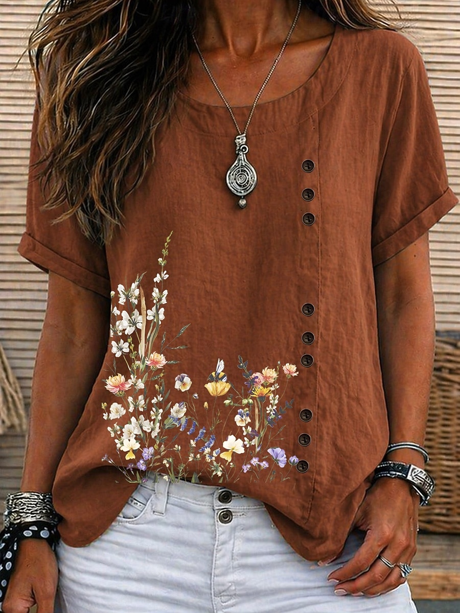 Women's Blouse Buttons Floral Graphic Elegant Vintage Daily Short Sleeve Crew Neck Regular Tops Casual Daily Holiday Blue Grass Green White Yellow Pink Summer Spring 2026 - $24.99 –P6