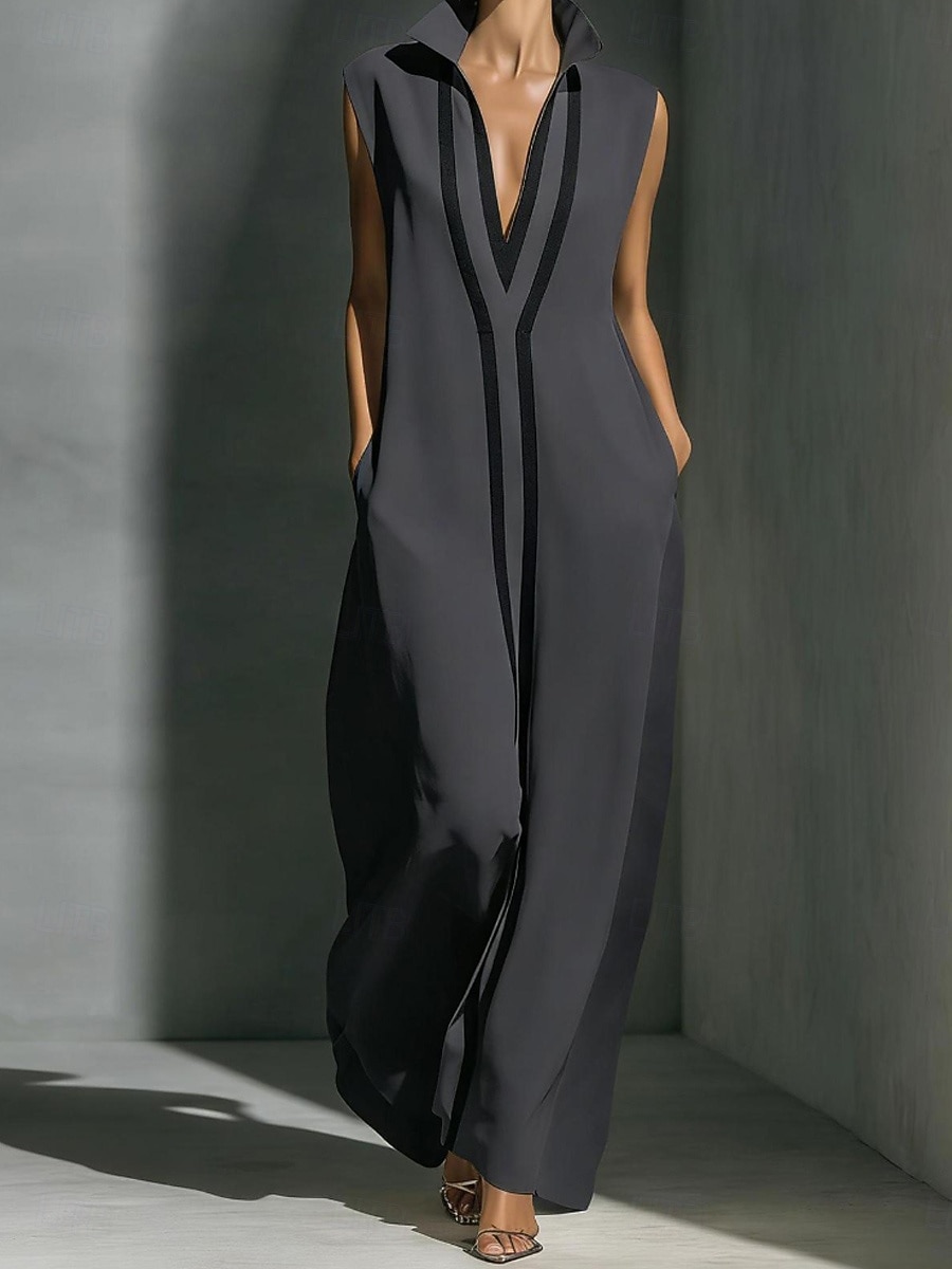 Жен. Длинное платье Длинное платье Элегантный стиль Современное на открытом воздухе Отпуск На выход Свободное облегание Контрастных цветов Без рукавов Рубашечный воротник Черный Белый Винный Серый 2026 - $41.99 –P6