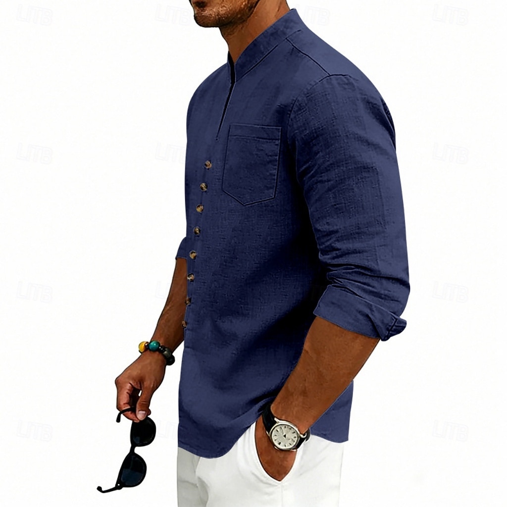 Homens Camisa Social Camisa de linho camisa de verão camisa de praia Tecido Casual Férias Preto Branco Rosa Azul Marinha Manga Longa Faixa Verão Primavera Roupa Bolsos de 2026 por $25.99 –P8