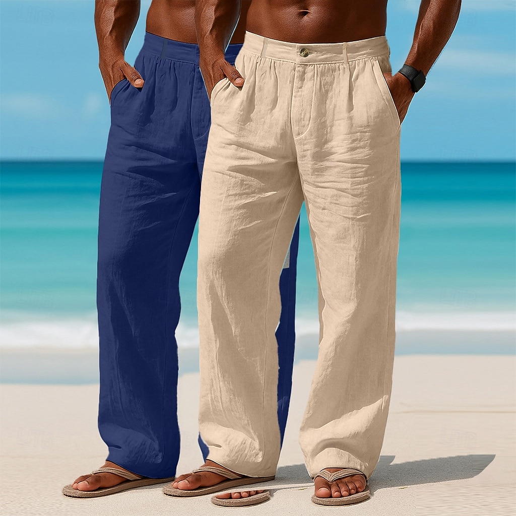 Homme Pantalons en Lin Pantalons Pantalon d'été Pantalons Amples Pantalons de Plage Avec Poches Uni Confort Respirant Longueur complète Occasionnel Quotidien Extérieur Vacances Mode Blanc + kaki de 2026 ? $41.99 –P5