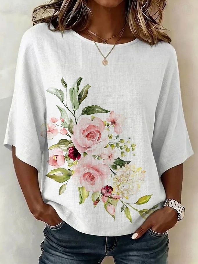 Women's Blouse Print Floral Graphic Bohemia Vintage Tropical 3/4 Length Sleeve Crew Neck Crop Tops Casual Daily Vacation Wear White Summer Spring 2026 - $28.99 –P4