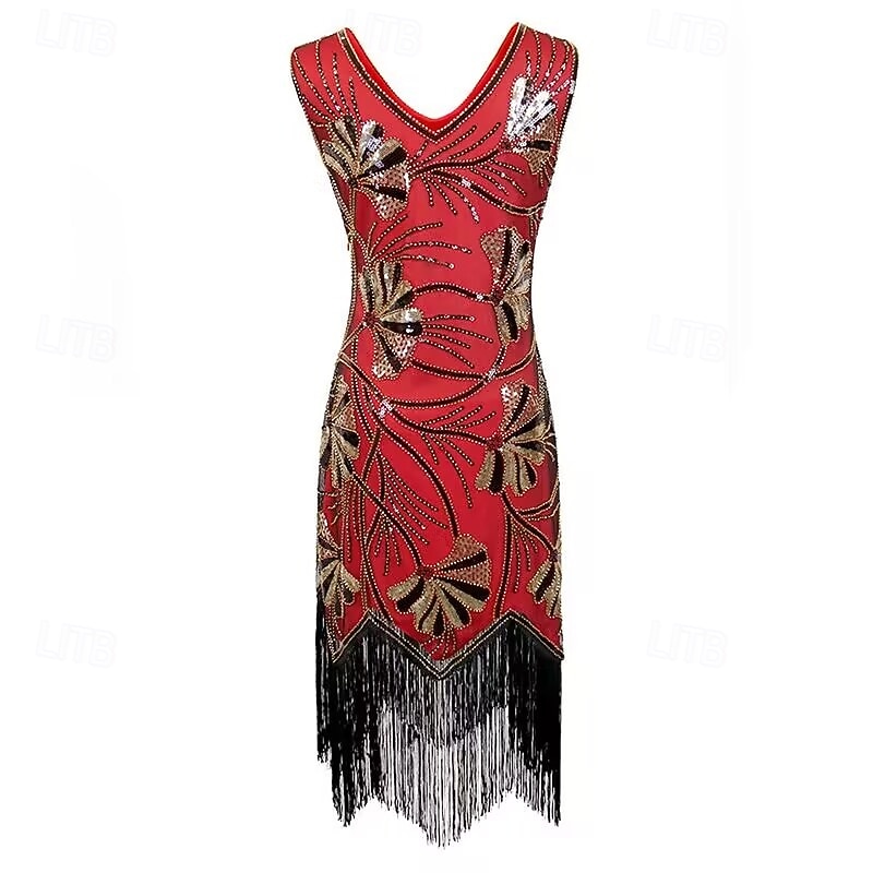 Roaring jaren '20 Jaren 1920 Retro vintage Tot de knie Flapper jurk Handschoenen Ketting Mouwloos The Great Gatsby Charleston Pailletten V-hals Kostuum Dames Halloween Carnaval Feesten & Uitgaan 2026 - $64.99 –P14