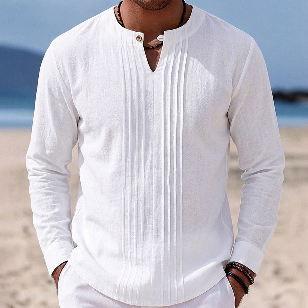 Férfi Ing Vászon ing Nyári póló Stranding Tömör szín Hétköznapi Vakáció Medence Fekete Fehér Khakizöld Hosszú ujj Mandarin gallér Nyár Tavasz Ruházat Fodrozott 2026 - $25.99 –P1
