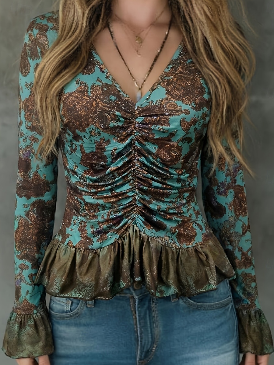 Women's Shirt Blouse Long Sleeve Tops Ruffle Shirt Patchwork Buttons Floral Stylish Classic Modern Long Sleeve V Neck Regular Tops Daily Holiday Going out Green Summer Spring 2026 - $32.99 –P1
