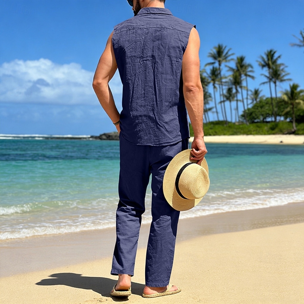 Male Linen Shirt 2 Piece Shirt Set And Linen Pants Trousers Casual Pants Set Plain Daily Outdoor Vacation Turndown Sleeveless Summer Fashion Casual Comfortable Clothing Apparel 2026 - $36.99 –P6