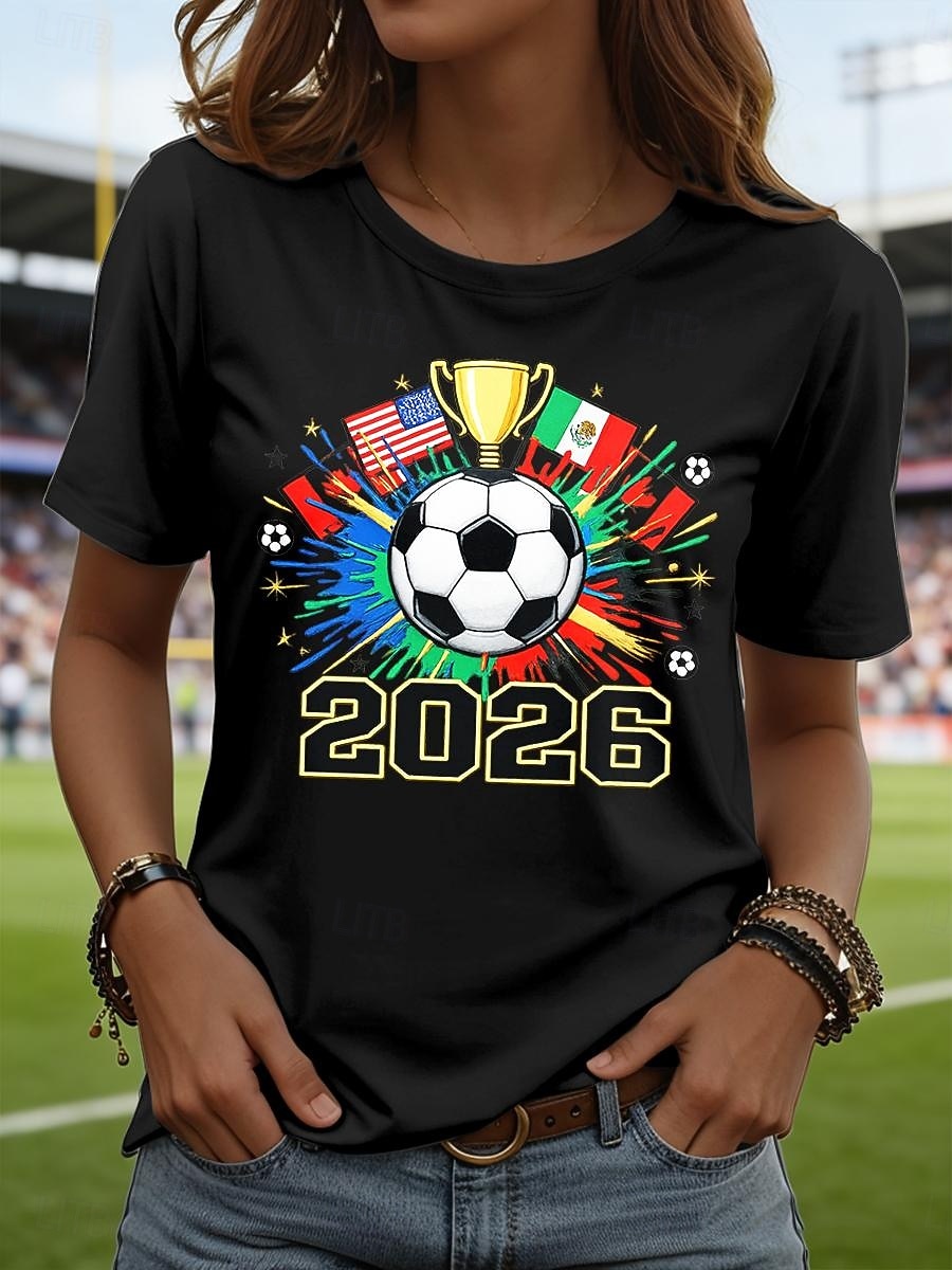2026年 女性用 Tシャツ プリント グラフィック サッカーチーム スタイリッシュ クラシック カジュアル 半袖 クルーネック レギュラートップス 日常 ブルー ブラック ホワイト ルビーレッド 夏 春  コレクション – $21.99 –P2