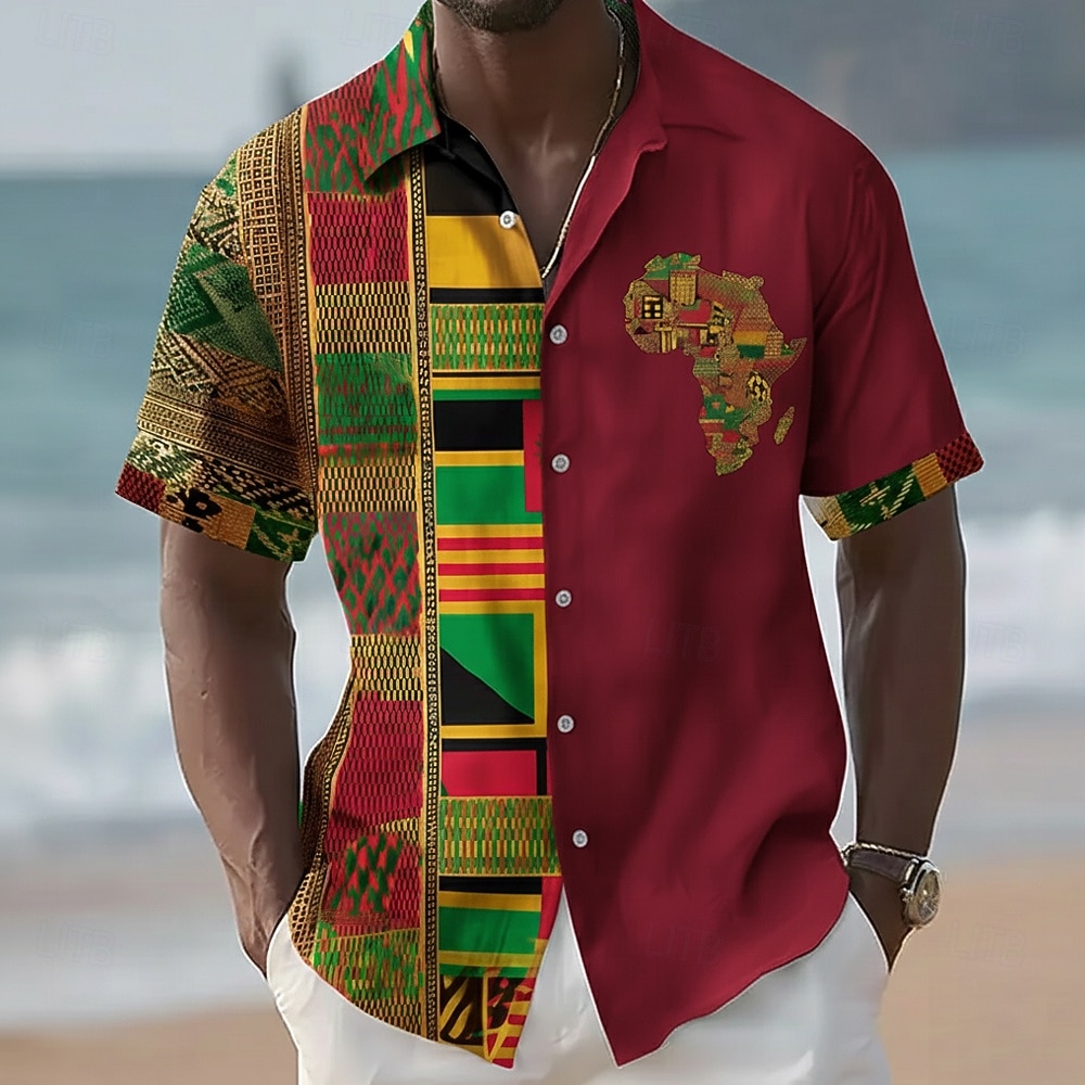 Juneteenth Herre Stamme Kart Etikk / afrikansk Skjorte Sommerskjorte Skjorte med knapper Kortermet Vintage retro Ferie Sommer Vår Aftæpning 3D-utskrift krage skjorter Blå Rød Kakifarget Svart 2026 - $25.99 –P4