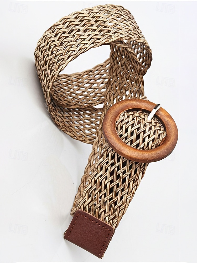 Boho-Taillengürtel für Damen, mehrfarbiger, elastischer Flechtgürtel mit runder Vintage-Holzschnalle – ideal für Strandurlaub, Sommerresort und lässigen Alltag. 2026 - $11.99 –P7
