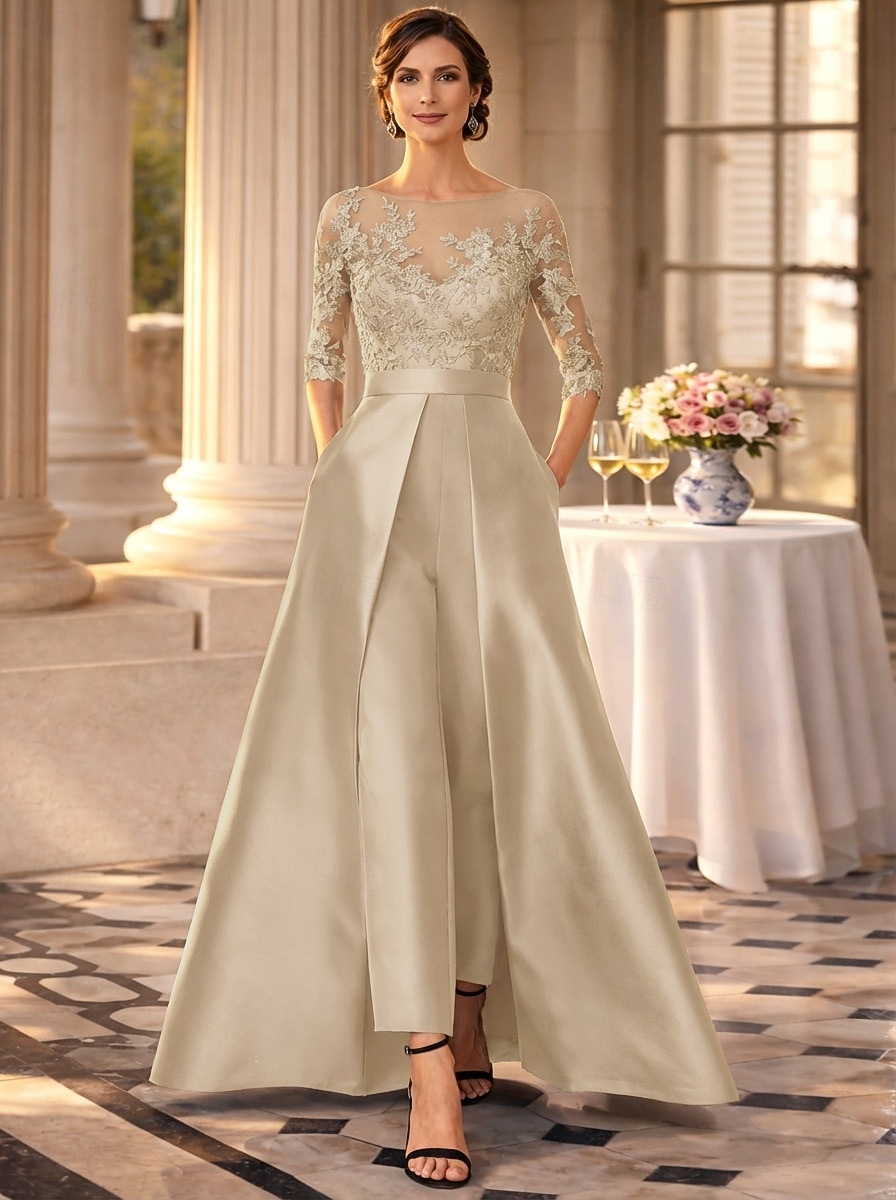 أفرول طول الأرض فستان أم العروس 3/4 الكم جوهرة أنيق حفلة ضيف حفل زفاف حفلة الزفاف ساتان مع زينة لون صلب 2026 - $197.99 –P9