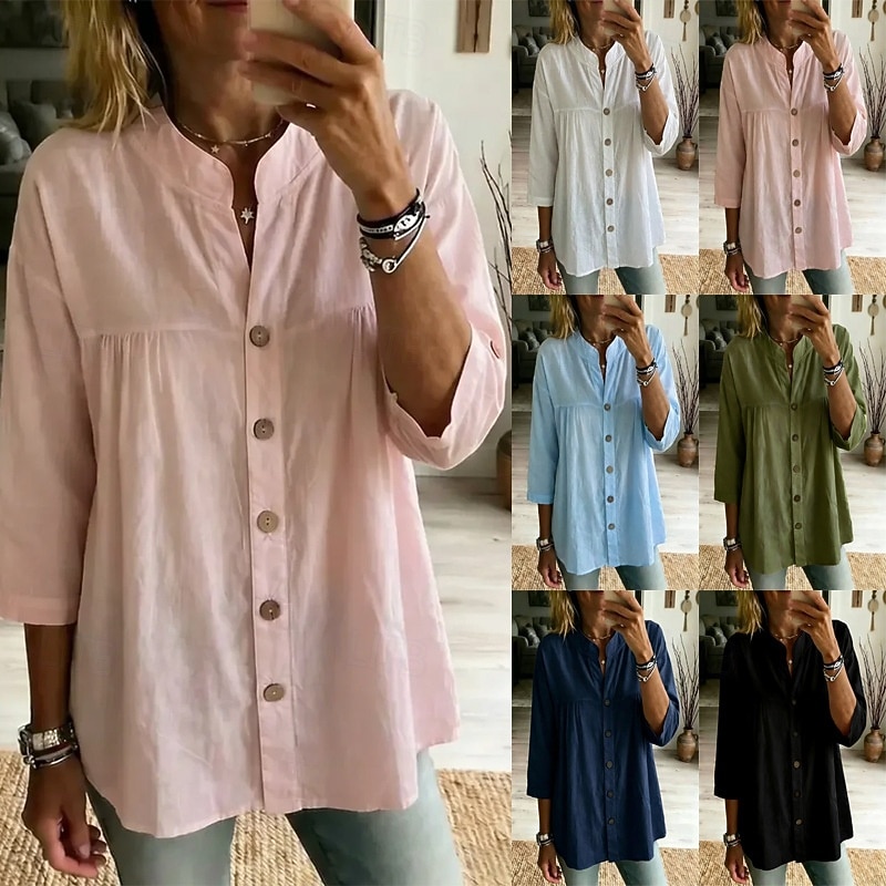 Damen Bluse Einfarbig Täglich Stilvoll Basic Dreiviertelarm V Ausschnitt Normale Oberteile Lässig Täglich Blau Schwarz Weiß Rosa Grün Sommer Frühling 2026 - $29.99 –P9
