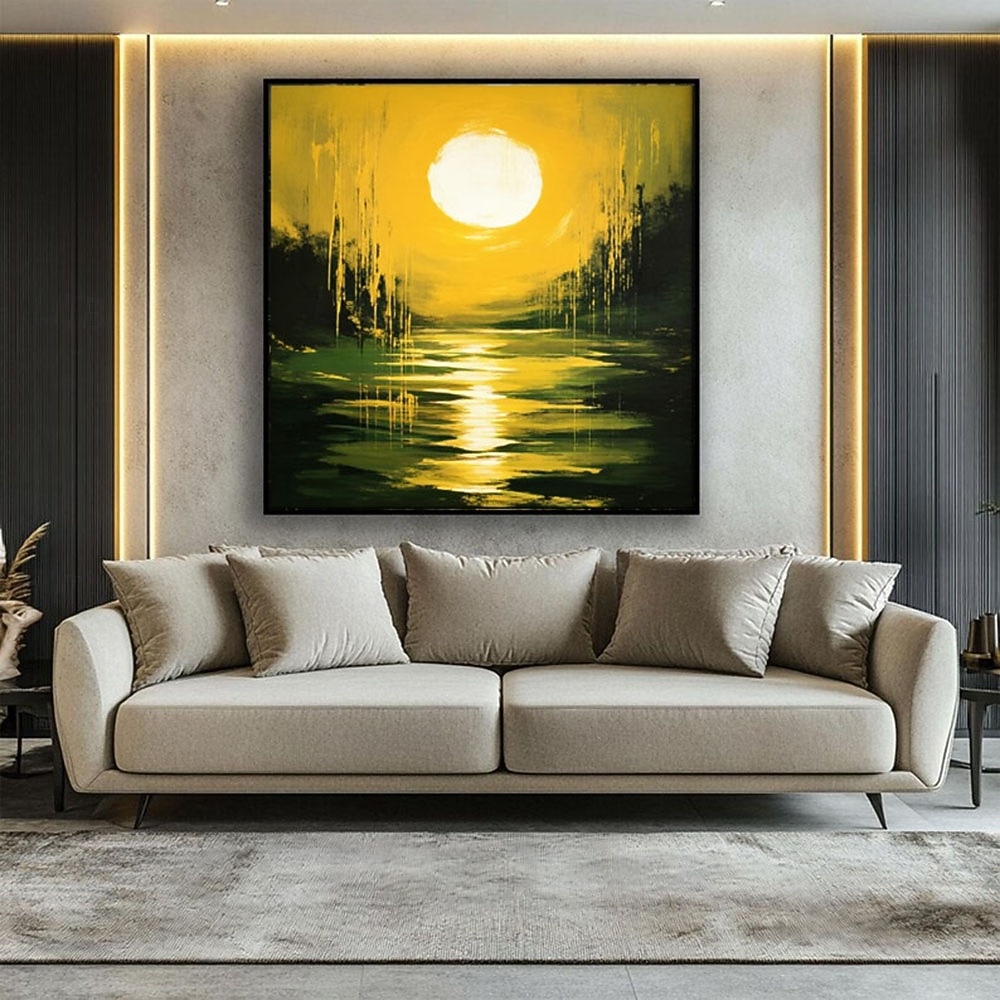 Hand Painted Sunset Oil Painting Emerald Green Abstract Textured Canvas Green Lake Moon Water Reflection Art 2026 - $91.99 –P3