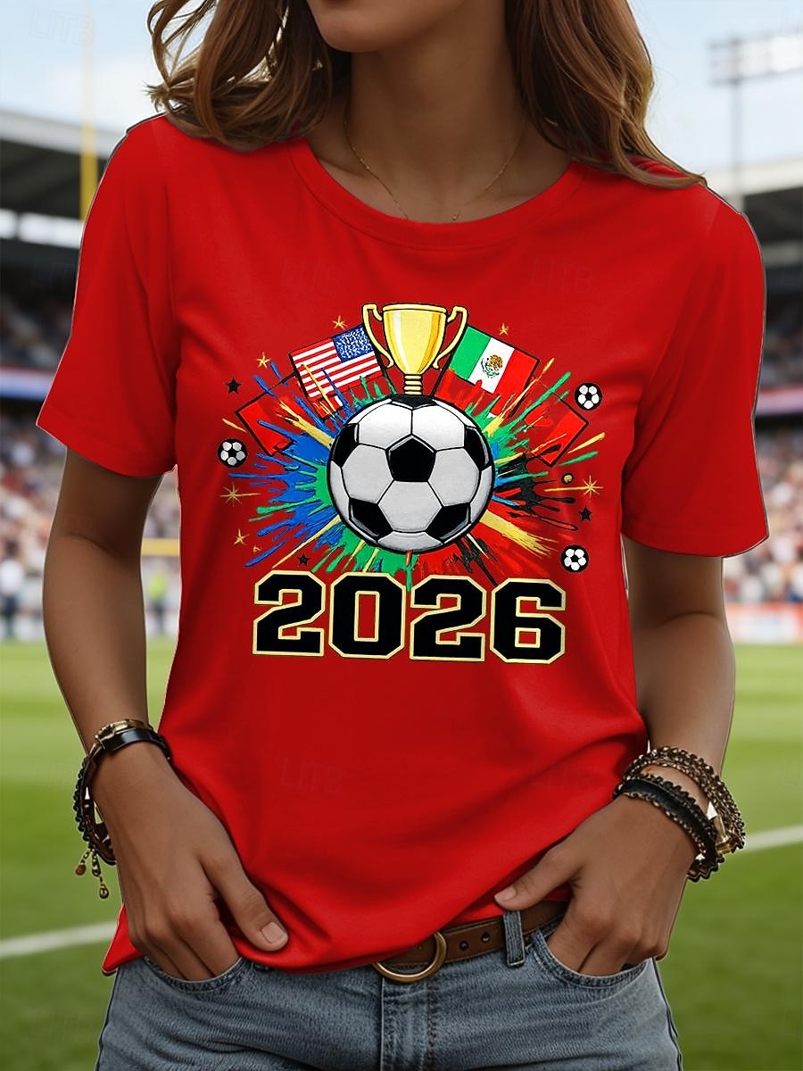 2026年 女性用 Tシャツ プリント グラフィック サッカーチーム スタイリッシュ クラシック カジュアル 半袖 クルーネック レギュラートップス 日常 ブルー ブラック ホワイト ルビーレッド 夏 春  コレクション – $21.99 –P4