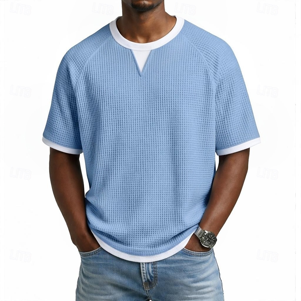 Herren Waffel T-Shirt T-Shirt Kurzarm V Ausschnitt Sommer Frühling Ganzjahres Einfarbig Texture Mode Designer Lässig 2 in 1 Raglanärmel Lässig Täglich Outdoor Hellblau Schwarz Hellgrün Top T-Shirt 2026 - $18.99 –P1