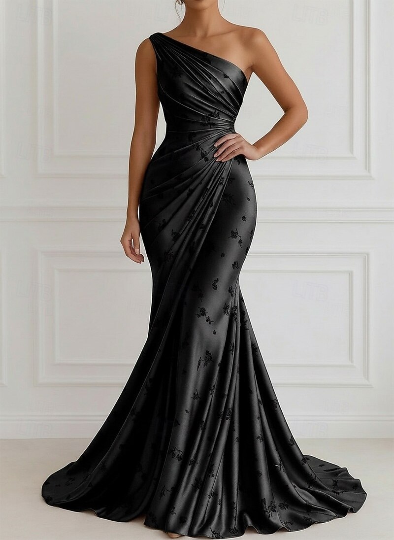 Meerjungfrauenschnitt Bodenlange Schleppe Abendkleid Elegant Blumen seidig Ärmellos Ein-Schulter Abendgesellschaft Gartenparty Satin Jacquard mit Gerafft 2026 - $205.89 –P6