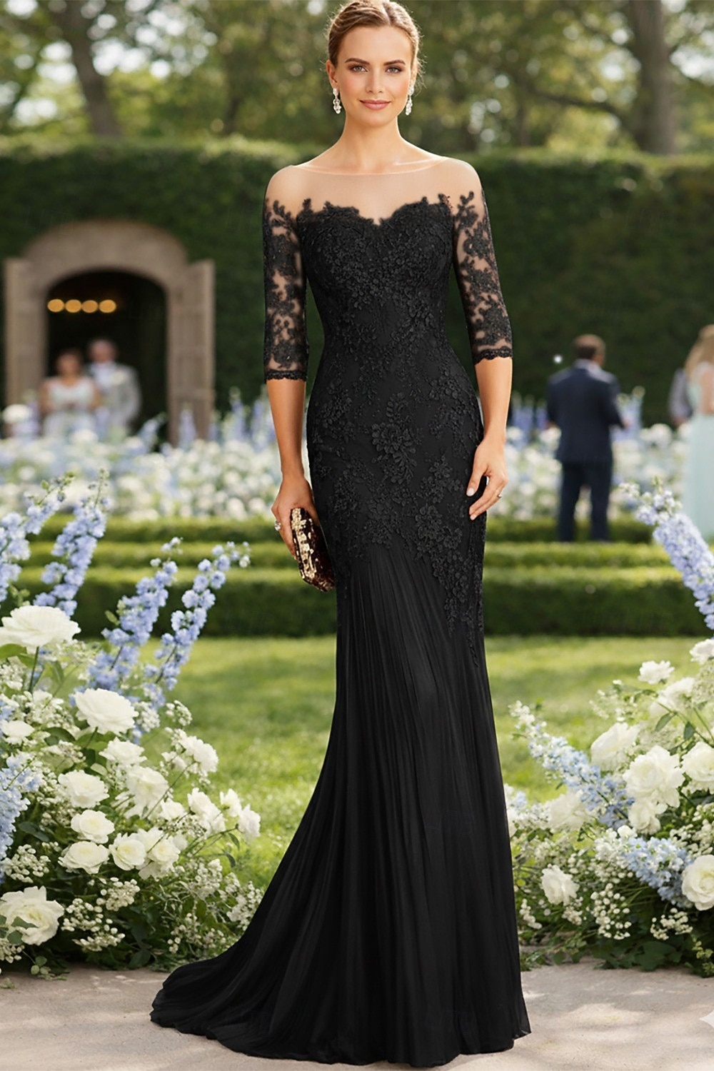 Syrena Tren sweep Suknia Suknia wieczorowa Sukienka dla matki panny młodej Rękaw 1/2 Łódeczka Elegancja Formalny Gość weselny Koronka Tiul z Haft nakładany 2026 - $208.99 –P5