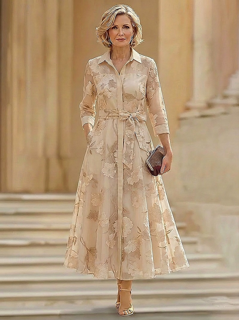 A-lijn Jurken Tot de enkel Over de knie Bruiloft gast jurk Moeder van de bruid jurk 3/4 mouw Overhemdkraag Elegant Vintage Formeel Bruiloft gast Semi formeel Organza Jacquard met Strik(ken) 2026 - $154.79 –P6