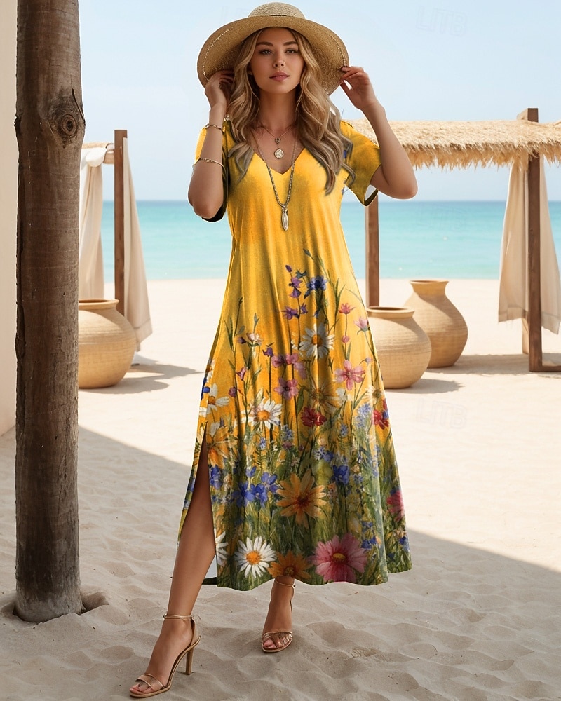 Damen Midikleid A Linie Kleid Sommerkleid Urlaub Lässig Strand Normale Passform Blumen Grafik Kurzarm V Ausschnitt Blau Gelb Hellgrün Rosa Sommer Frühling 2026 - $25.99 –P3