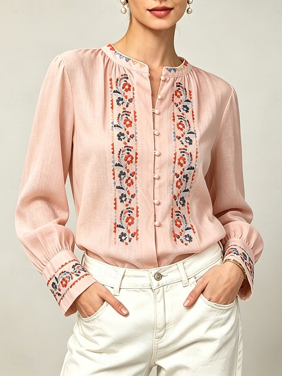 camisa de manga larga para mujer con bordado floral 2026 - $41.99 –P9