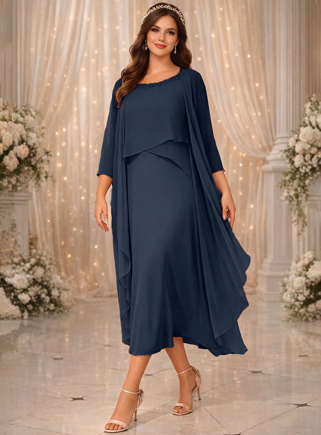 Two Piece A-Line Tea Length Wedding Guest Dress Mother of the Bride Dress 3/4 Length Sleeve Jewel Neck Elegant Vintage Wedding Party Chiffon with Beading 2026 - $183.99 –P7