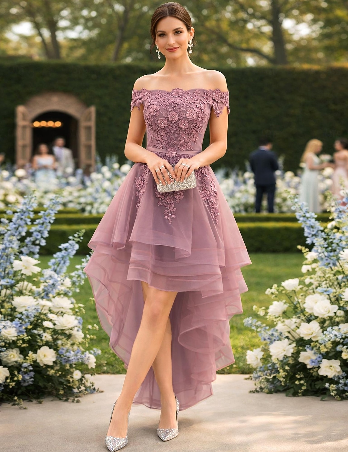 A-Line Asymmetrical Prom Dresses Floral High Low Short Sleeve Off Shoulder  Prom Wedding Guest Tulle with Appliques 2026 - CHF95
