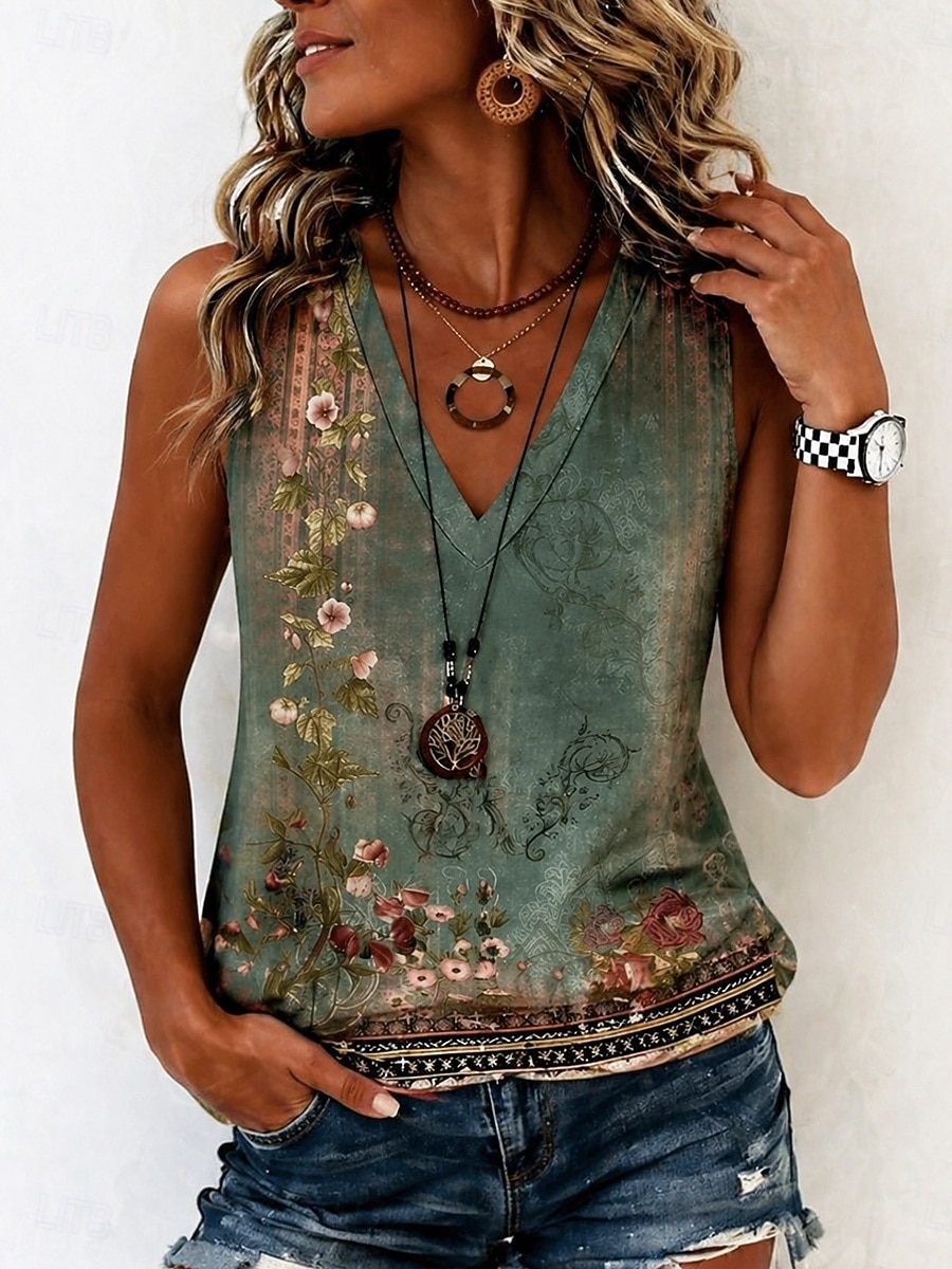Mujer Camiseta sin mangas Estampado Floral Graphic Plantas Elegante Sin Mangas Escote en Pico Tops regulares Casual Azul Piscina Verde Claro Rosa Púrpula Claro Morado Verano Primavera 2026 - $21.99 –P4