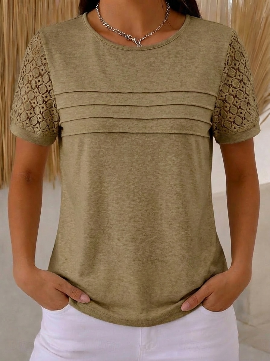Mujer Blusa Tops de encaje Encaje Plisado Plano Elegante Moderno Sin Mangas Cuello Barco Tops regulares Casual Playa Festivos Negro Rosa Vino Beige Verano Primavera 2026 - $19.99 –P3