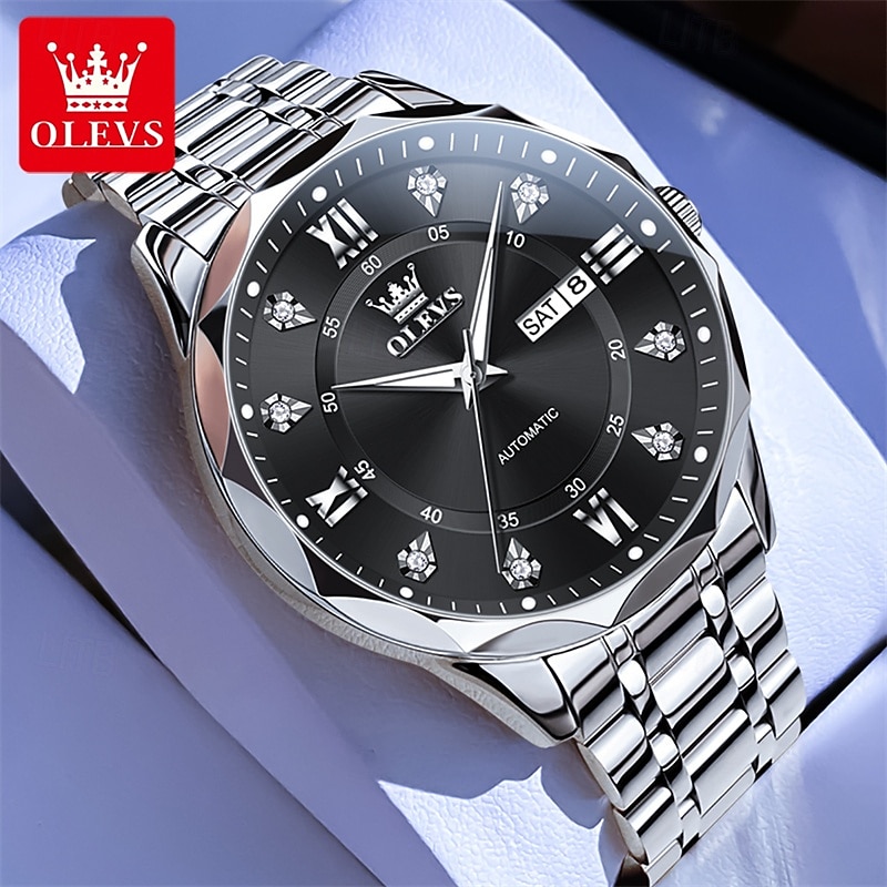 OLEVS Automatic Watch for Men, All Black Stainless Steel Luxury Business Self Winding Wristwatch with Day Date and Luminous Diamonds, Waterproof Analog Dress Watch, Gift for Husband Dad 2026 - $76.99 –P8