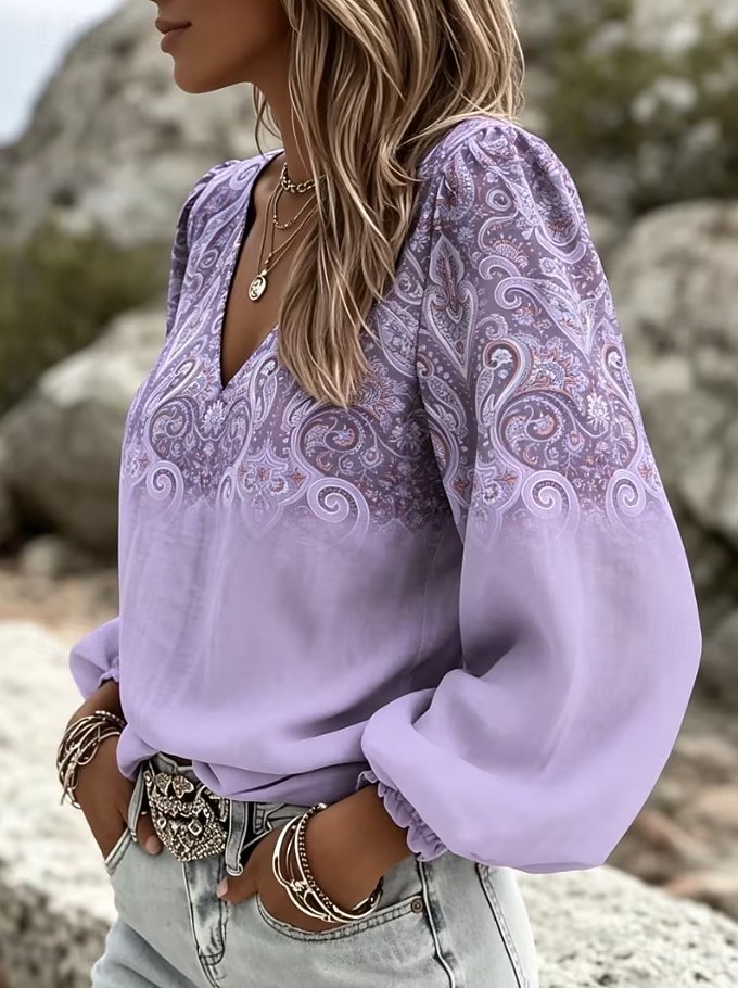 Dame Skjorte Boho skjorte Trykt mønster Blomstret Grafisk Paisly Elegant Bohem Ferie Langermet V-hals Lange topper Avslappet Daglig Ferie Lysegrønn Lys Lilla Oransje Sommer Vår 2026 - $29.99 –P2
