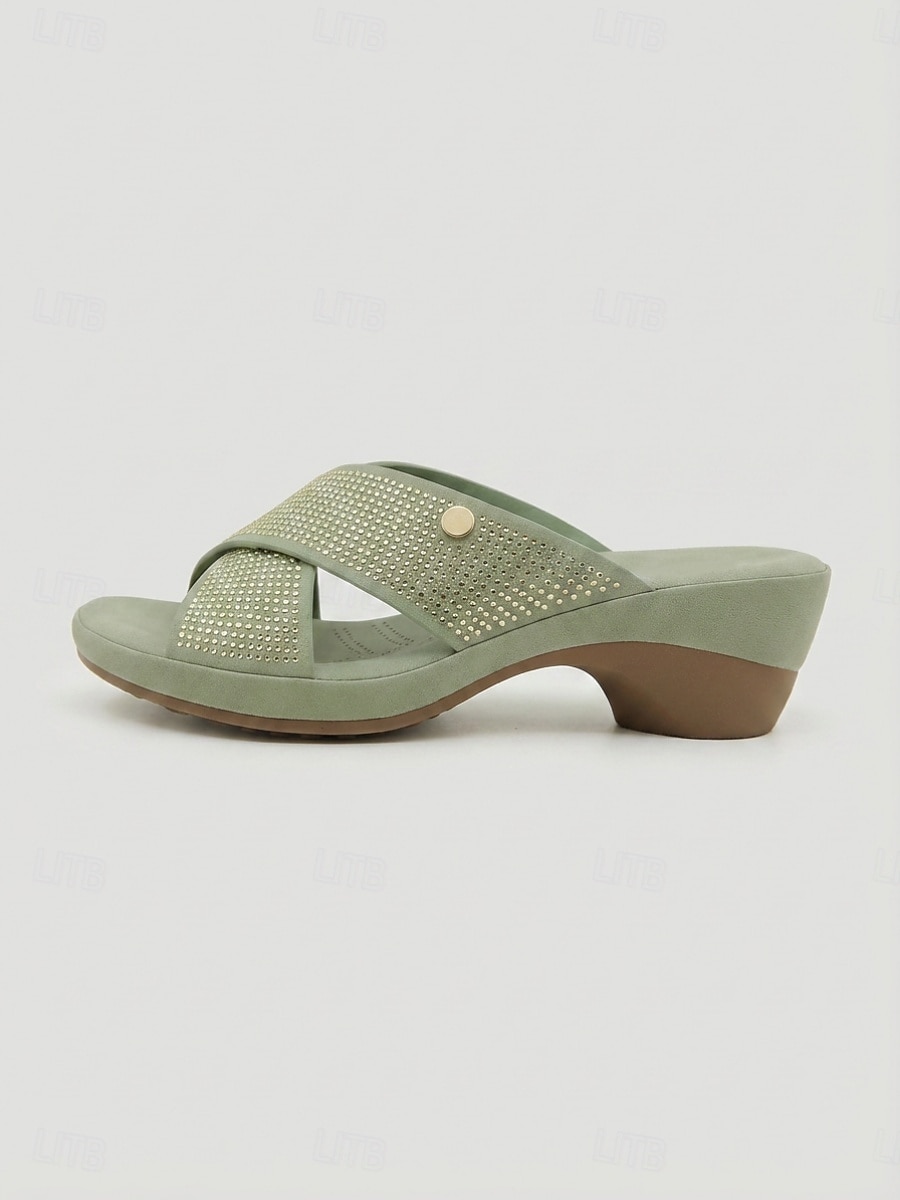 Sandalias de cuña con tiras cruzadas y pedrería verde para mujer: cómodas sandalias sin cordones con plantilla acolchada y tacón brillante de punta abierta, ideales para vacaciones y fiestas en el 2026 - $34.99 –P4