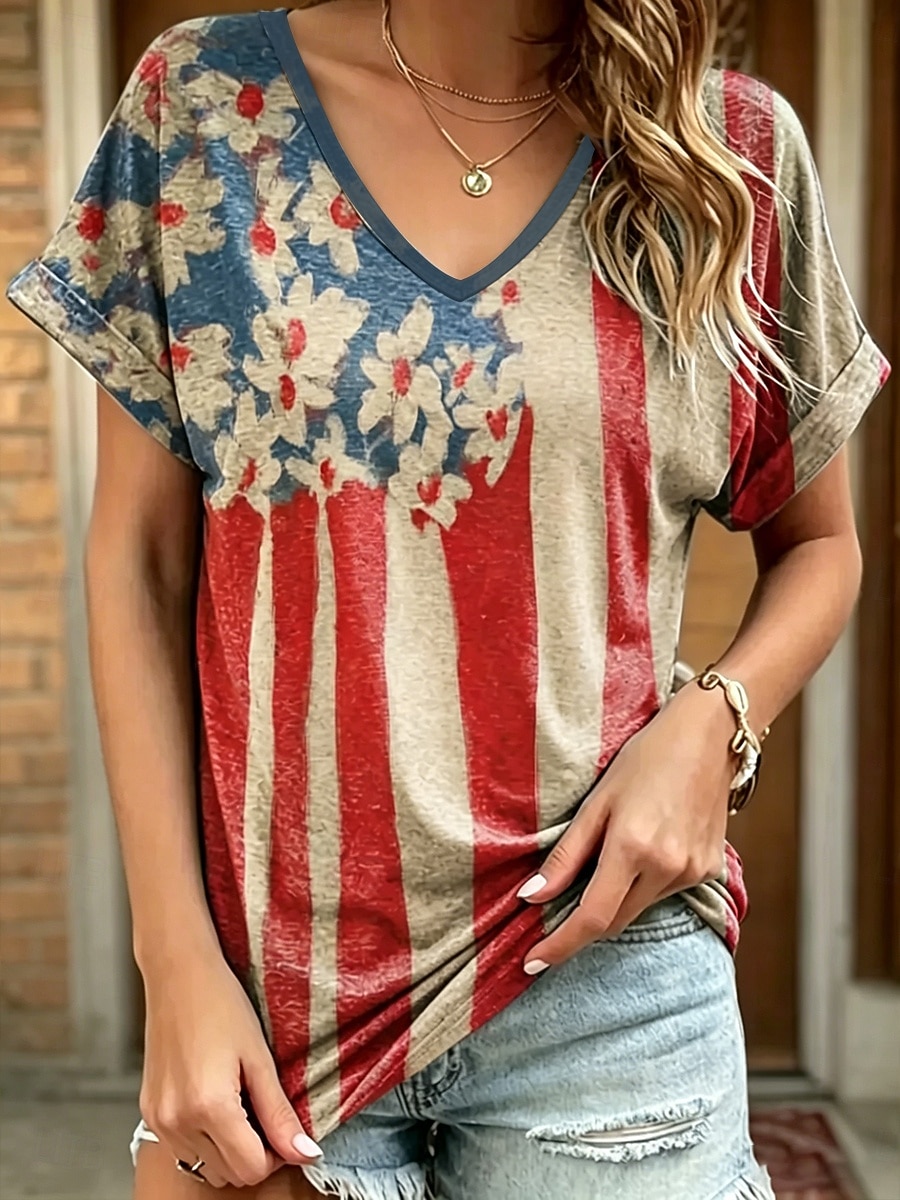 American Independence Day Women's T Shirt Print Graphic American Flag Vintage Stylish Classic Short Sleeve V Neck Regular Tops Casual Daily Weekend Blue White Red Summer Spring 2026 - $21.99 –P1
