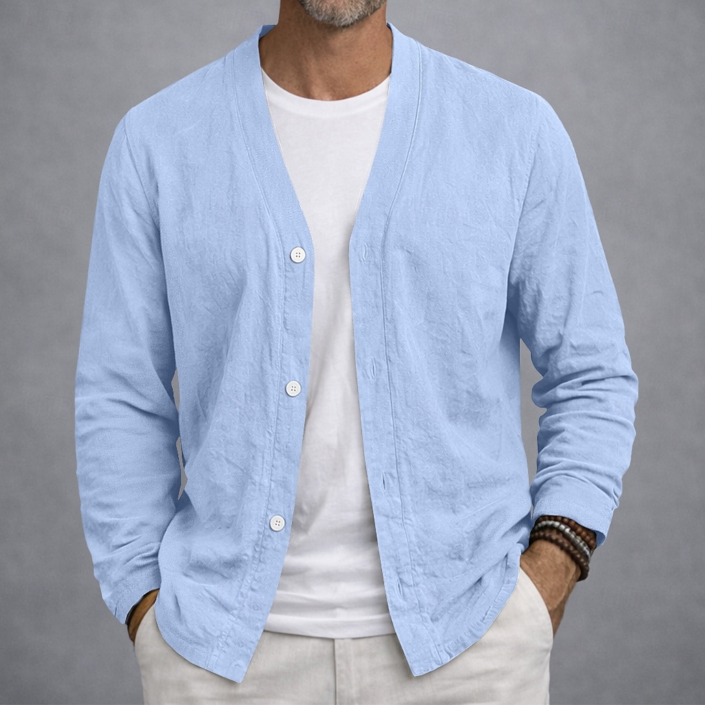 Herren Leinenhemd Sommerhemd Strandbekleidung Knopfhemd Strickjacke Einfach Lässig Urlaub Blau Schwarz Weiß Khaki Langarm V Ausschnitt Sommer Frühling Bekleidung 2026 - $24.99 –P5