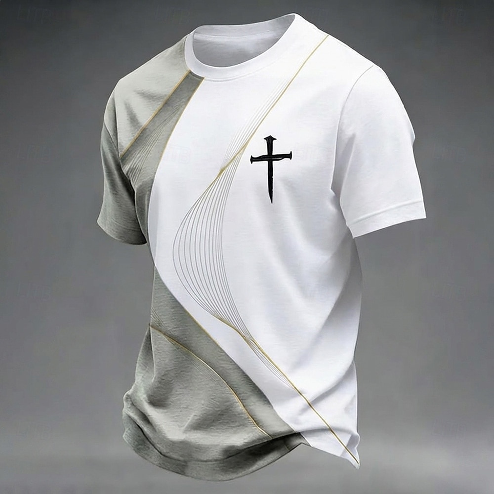 Camiseta cristiana para hombre con estampado de cruz, bloques de color blanco y gris, cuello redondo, manga corta, regalo espiritual cristiano para él, ropa de diseñador. 2026 - $18.99 –P1