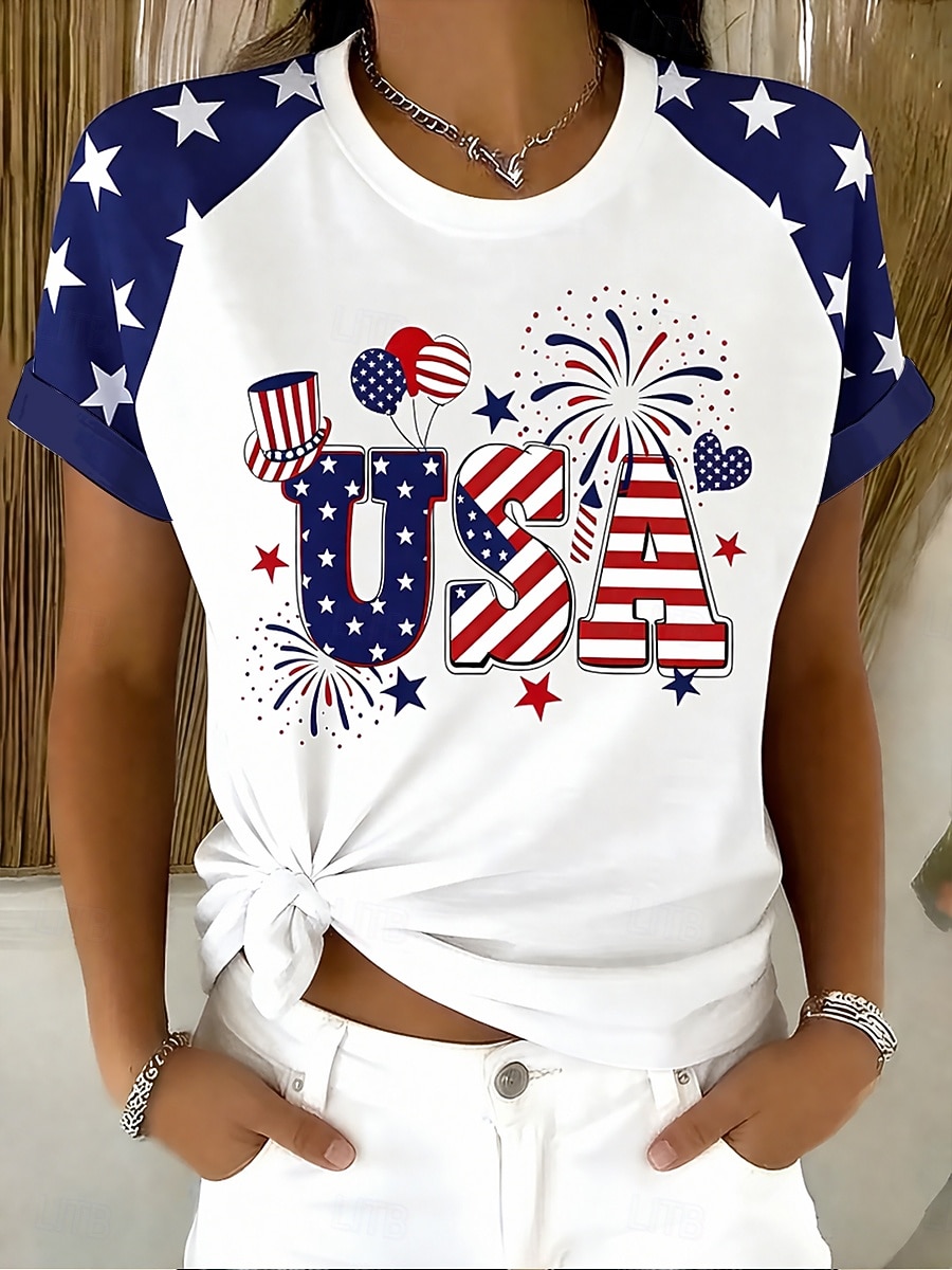 Giorno dell'Indipendenza Americana Per donna Maglietta Stampato Grafico Bandiera Americana Vintage Elegante Classico Manica Corta Girocollo Top Regolari Quotidiano Blu Bianco Rosso Estate Primavera del 2026 a $21.99 –P3