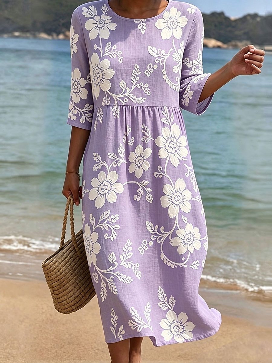 Women's Midi Dress Sundress Summer Dress Vacation Casual Boho Holiday Regular Fit Floral Graphic 3/4 Length Sleeve Crew Neck Blue Pink Purple Green Summer Spring 2026 - $34.99 –P5