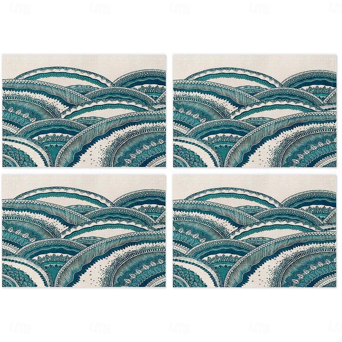 2026年 夏の海をイメージしたダイニングプレイスマット、ポリエステル100％の長方形テーブルマット、海の幾何学模様デザイン、洗濯機洗い可能、耐熱性、耐久性のあるテーブルプロテクター、モダンなホームキッチン  コレクション – $9.49 –P7