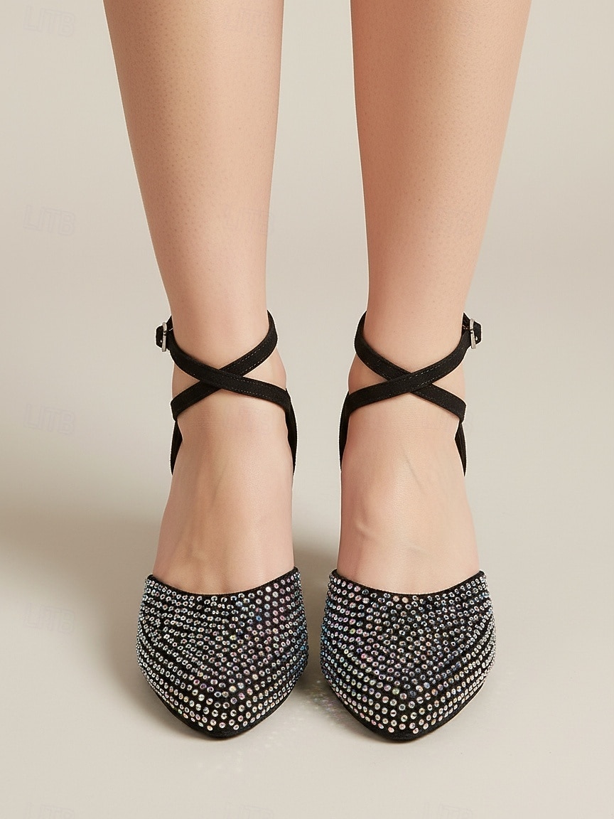 Scarpe da ballo da sala nere da donna, con punta chiusa e cinturino incrociato con strass, ideali per la pratica di balli standard, valzer e tango. & formazione del 2026 a $64.99 –P3