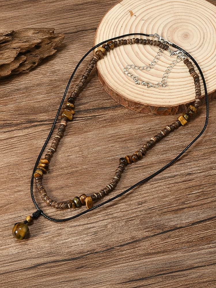 Ανδρικό κολιέ μποέμ με κέλυφος καρύδας και τυρκουάζ, μπλε και καφέ κολιέ με χάντρες σε στρώσεις για διακοπές στην παραλία, ρούχα σε θέρετρα, casual καλοκαιρινά ρούχα και καθημερινή χρήση 2026 - $4.99 –P6