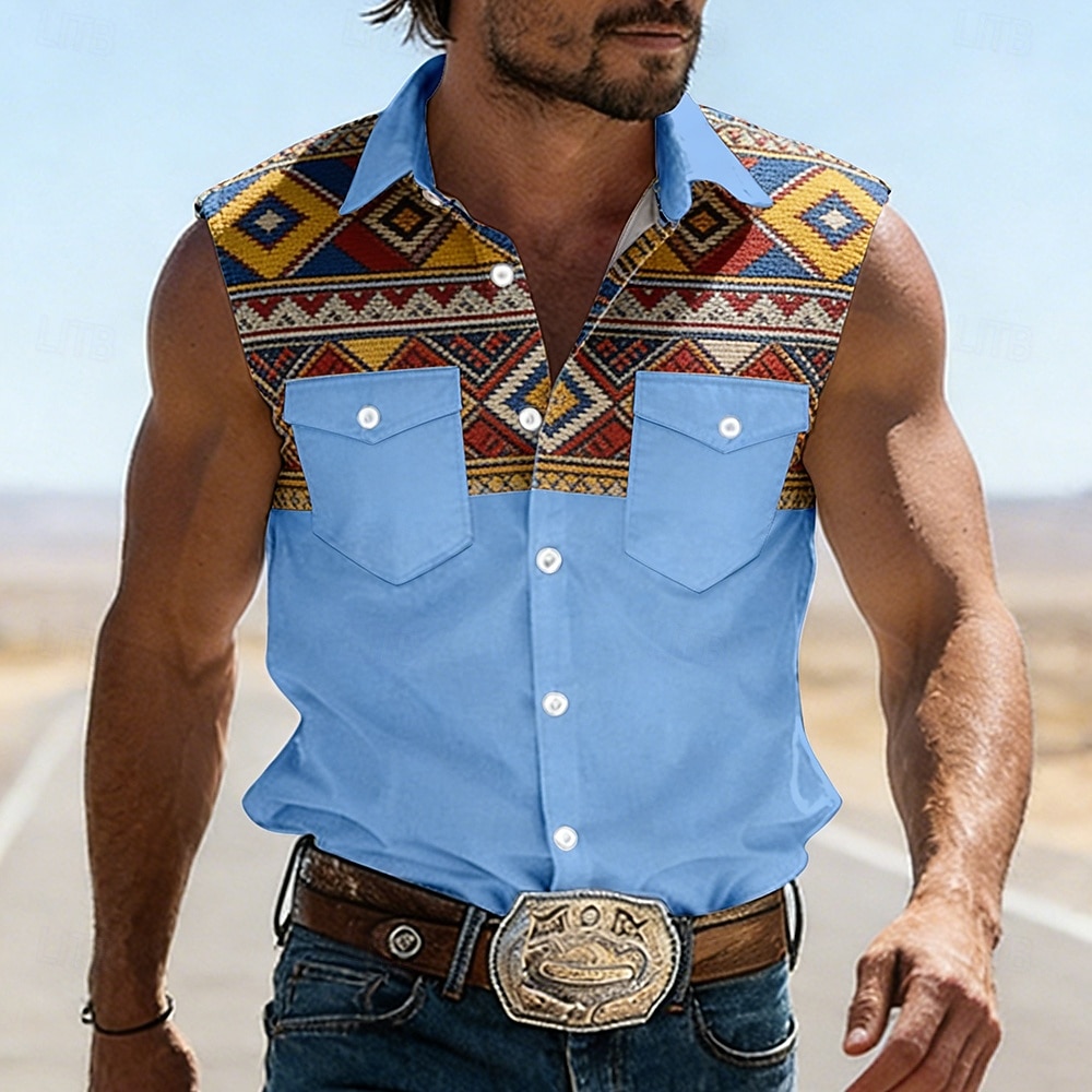 Men's Geometric Pattern Ethnic Western Shirt Cowboy Shirt Sleeveless Shirt Sleeveless Western Style Vintage Retro Outdoor Work Causal Summer Spring Turndown 3D Print Work Shirts Blue Army Green Brown 2026 - $25.99 –P1