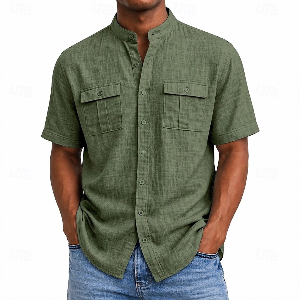 Hombre Camisa Camisa de lino Camisa de verano Ropa de playa Camisa con cuello mao Abotonar la camisa Color sólido Casual Vacaciones Azul Piscina Negro Azul Marino Verde Trébol Manga Corta Escote Chino 2026 - $11.49 –P1