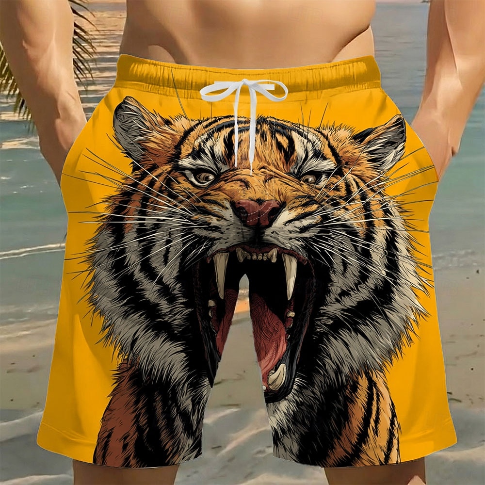 Herren Brüllend Tiermotiv Tiger Badehosen Badeanzüge Badeshorts Boardshorts Mittlere Taille Lustig Strandurlaub Seitentaschen Netzfutter Elastischer Kordelzug in der Taille Designer Bekleidung 2026 - $20.99 –P3