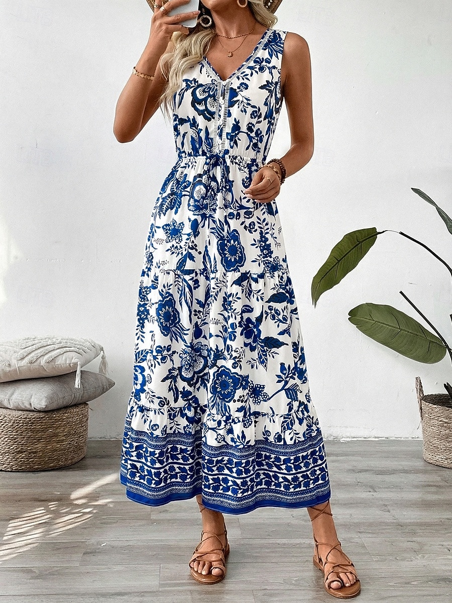 Dames Maxi-jurk A lijn jurk Slipdress Vakantie Casual Buiten Uitgaan Standaard pasvorm Bloemig Mouwloos V-hals blauw Zomer Lente 2026 - $41.99 –P3