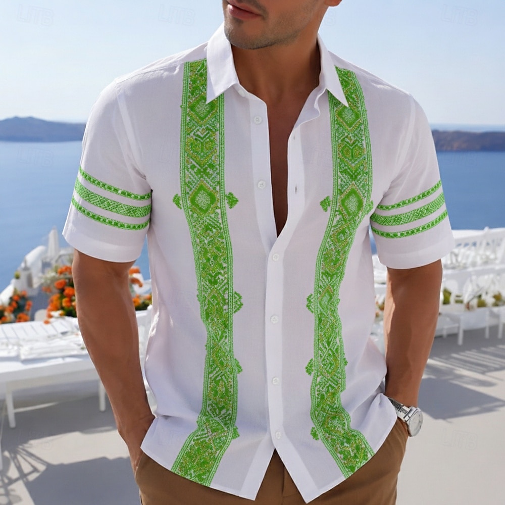 Men's Geometric Grid / Plaid Ethnic Shirt Guayabera Shirt Button Up Shirt Short Sleeve Vintage Retro Daily Outdoor Vacation Summer Spring Turndown 3D Print Linen Like Shirt Blue Purple Green 2026 - $25.99 –P2